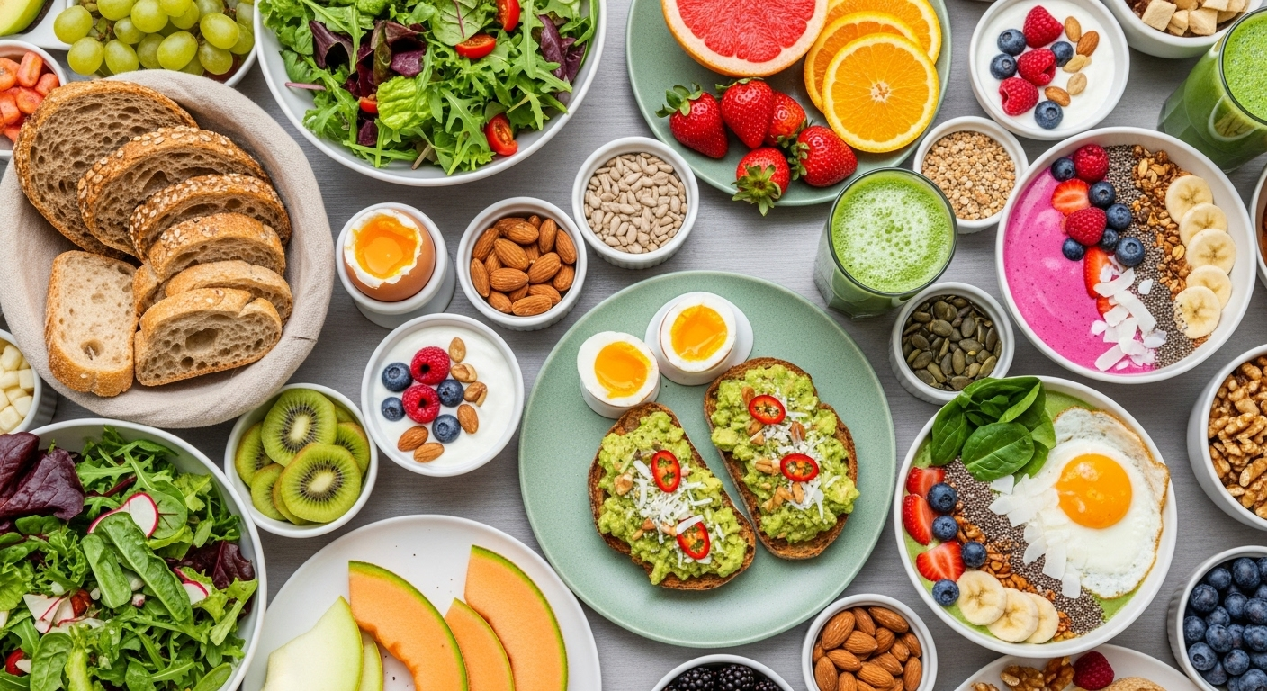 Mesa farta com comidas saudáveis